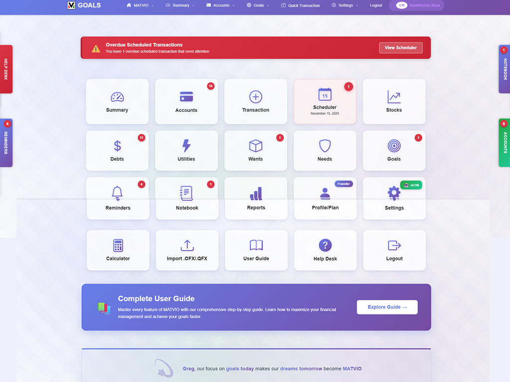 MATVIO GOALS Dashboard on iPad Tablet - Financial Account Overview